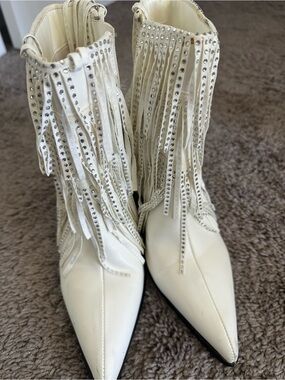Fringed Studded Pointed-Toe Women's Boots - Cream and Silver Bridal Bachelorette